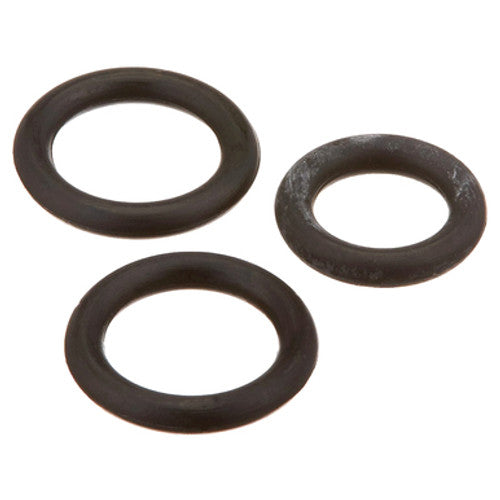 Three black replacement O-rings for Hayward pool filters, assorted sizes on white background