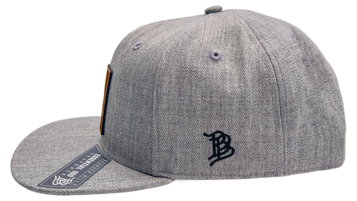 Heather grey Branded Bills snapback hat with black logo embroidery and flat brim