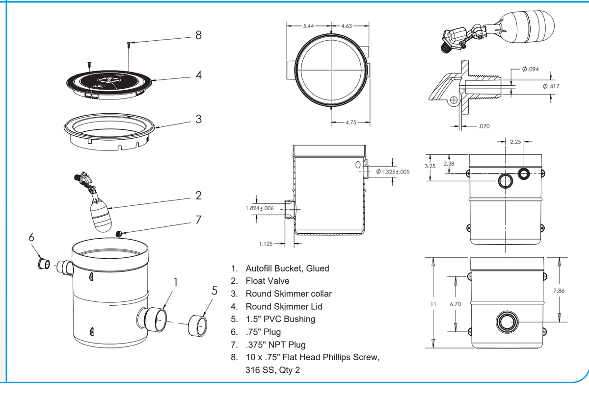 AquaStar AFB standard autofill manufacturer numbered components and dimensional reference; exact supplied top selection is stated in the listing