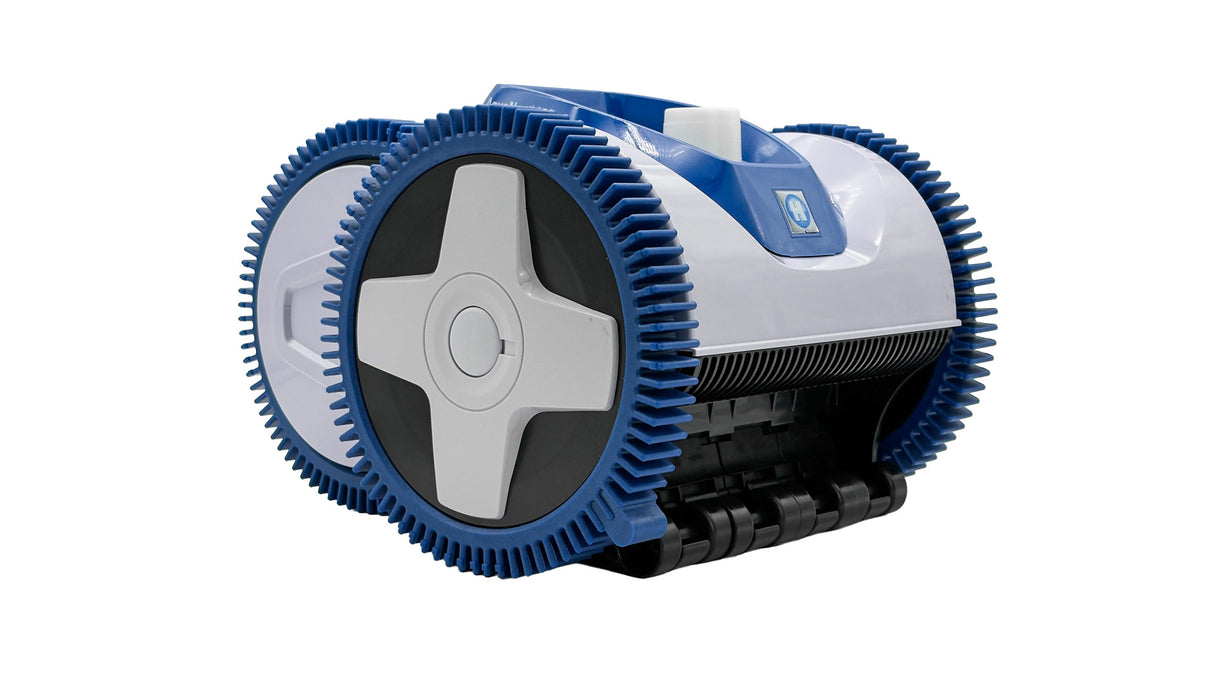 Hayward AquaNaut 400 suction-side pool cleaner with blue and white wheels on a white background