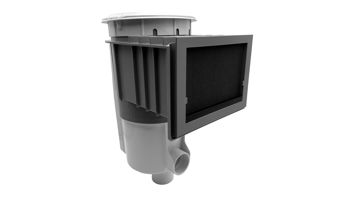 QuikSkim Complete skimmer assembly with gray body, white ring lid, and black foam insert on a white background.