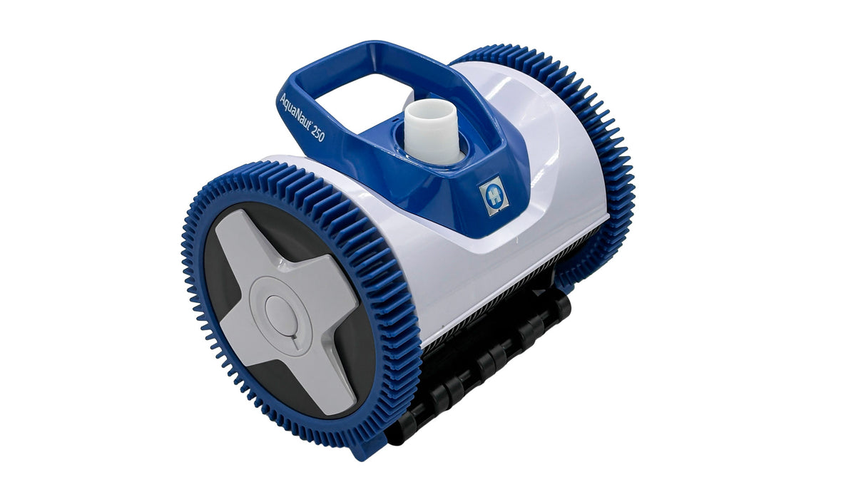Hayward AquaNaut suction-side pool cleaner with blue and white rotating wheels on a white background