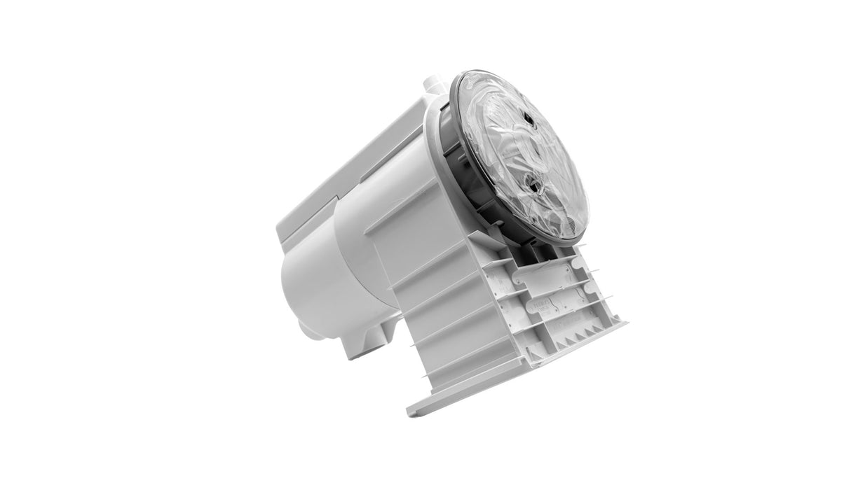 QuikSkim Venturi skimmer complete with Protecta Foam in white and gray, angled view