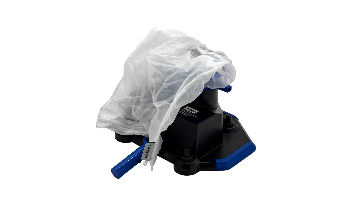 A black and blue plastic mechanical component, possibly a filter or valve assembly, partially covered by a translucent white plastic protective sleeve, shown on a plain white background.