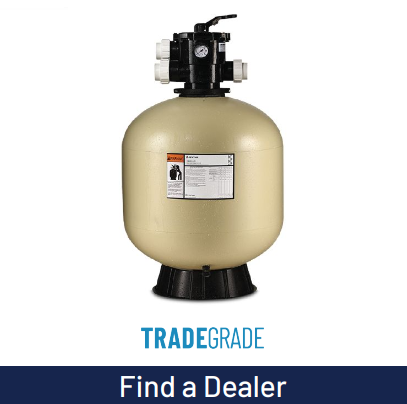 Pentair Tagelus TA 40D 19-inch top mount sand filter with multiport valve, beige tank, TradeGrade branding and Find a Dealer banner