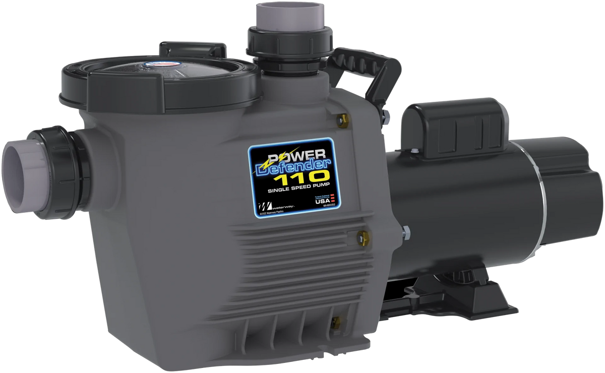 Waterway Plastics Power Defender PD-110 single-speed pump with gray housing, strainer lid, unions and motor