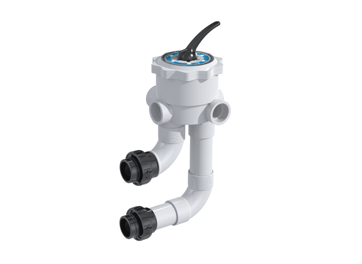 Waterway Plastics WVD001 multi-port D.E. valve with white body, black handle and union connections