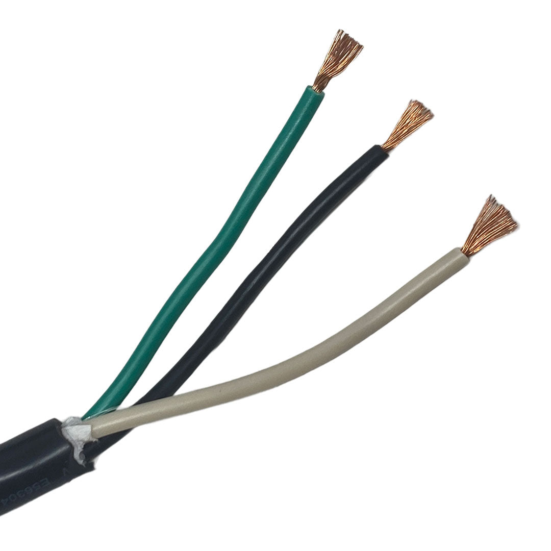 Three-conductor spa light cable with green, black, and white wires exposed at the ends