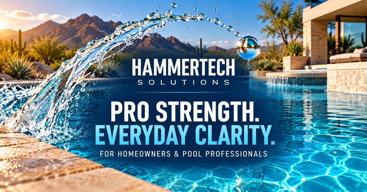 HammerTech Solutions pool-care editorial artwork with a turquoise Arizona pool, a suspended water splash and the headline Pro Strength. Everyday Clarity.