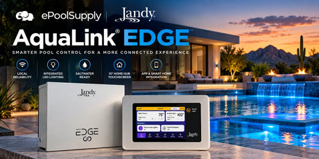 Jandy AquaLink EDGE pool automation system and touchscreen beside an illuminated pool, with ePoolSupply branding.