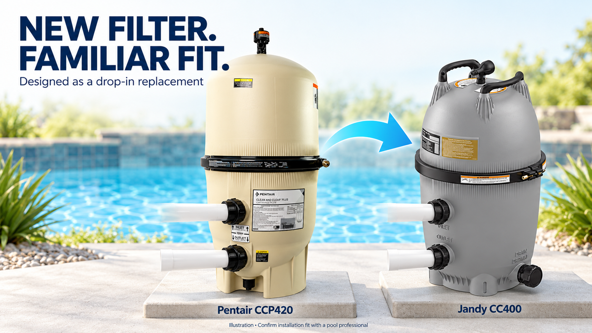 Illustration: Pentair Clean and Clear Plus CCP420 to Jandy CC400 drop-in replacement with aligned plumbing connections