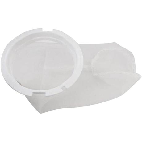 White fine mesh pool skimmer bag with plastic ring opening