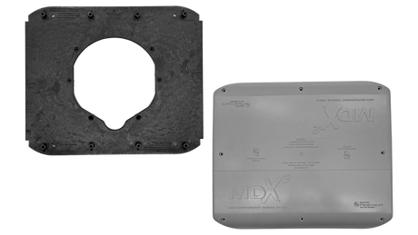 Light gray MDX2 Retro Concrete vinyl fiberglass pool drain cover with textured top and underside view