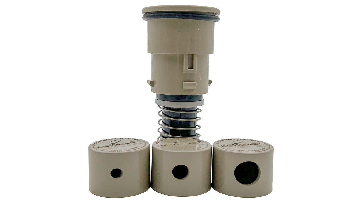 Beige RetroJet QuickClean 2 nozzle with three interchangeable jet caps on white background