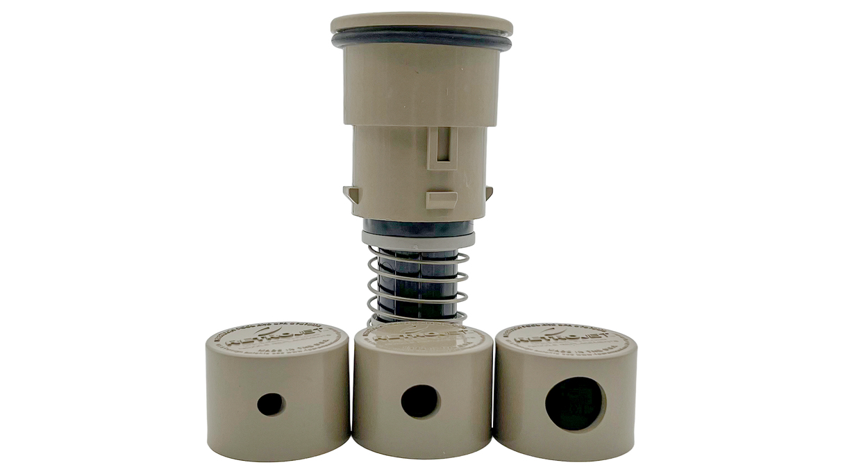 Beige RetroJet A&A QuickClean 2 nozzle with three interchangeable nozzle caps displayed below