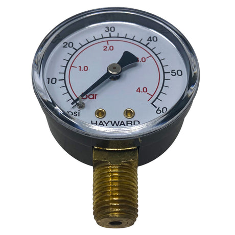 Hayward pressure gauge with 0–60 psi and 0–4 bar dial, brass threaded connection, for Paramount in-floor cleaning system