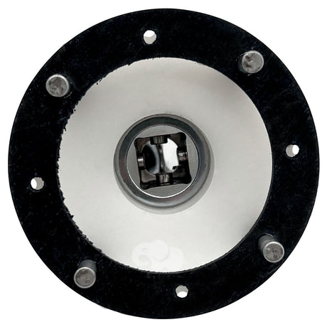 Round black-and-white pool in-floor head installation tool with central metal coupler and mounting holes
