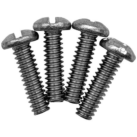 Four black threaded metal screws with slotted heads arranged on a white background
