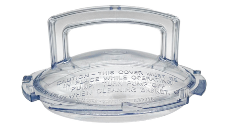 Clear plastic canister lid with built-in handle and caution text