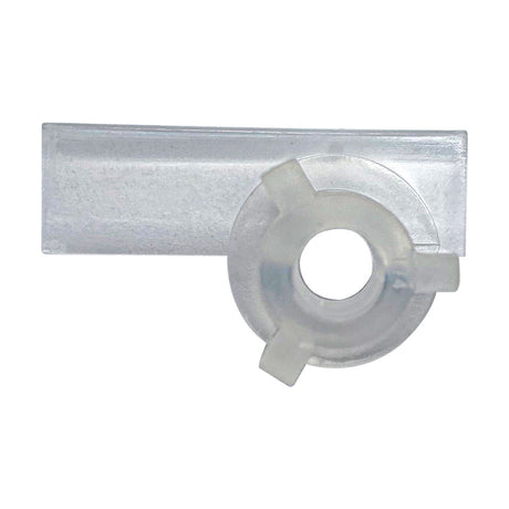 Clear plastic pop-up nozzle jet insert with round opening and rectangular mounting tab