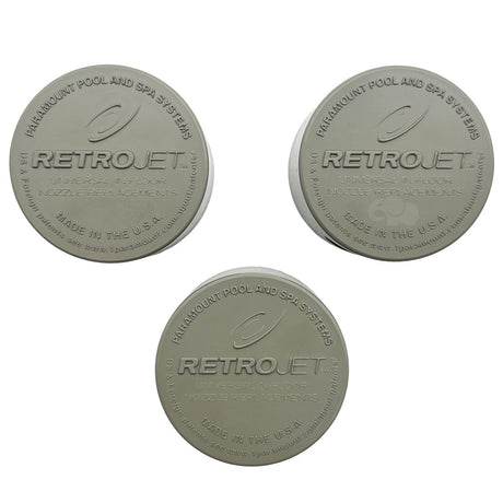 Taupe Paramount RetroJet single-head pool and spa nozzle replacement kit components shown in three views