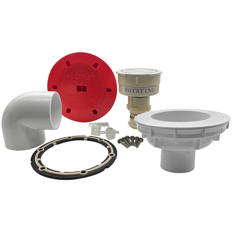 Vanish single head kit in white with fitting components, adapter, gasket, screws, and cover plate