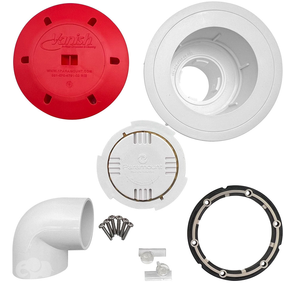 White Vanish single head kit with mounting components, elbow fitting, screws, and gasket pieces