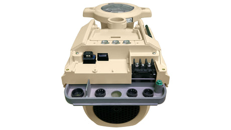 Pentair IntelliFlo3 VSF pool pump with I/O relay board, front view of beige pump housing and connection terminals