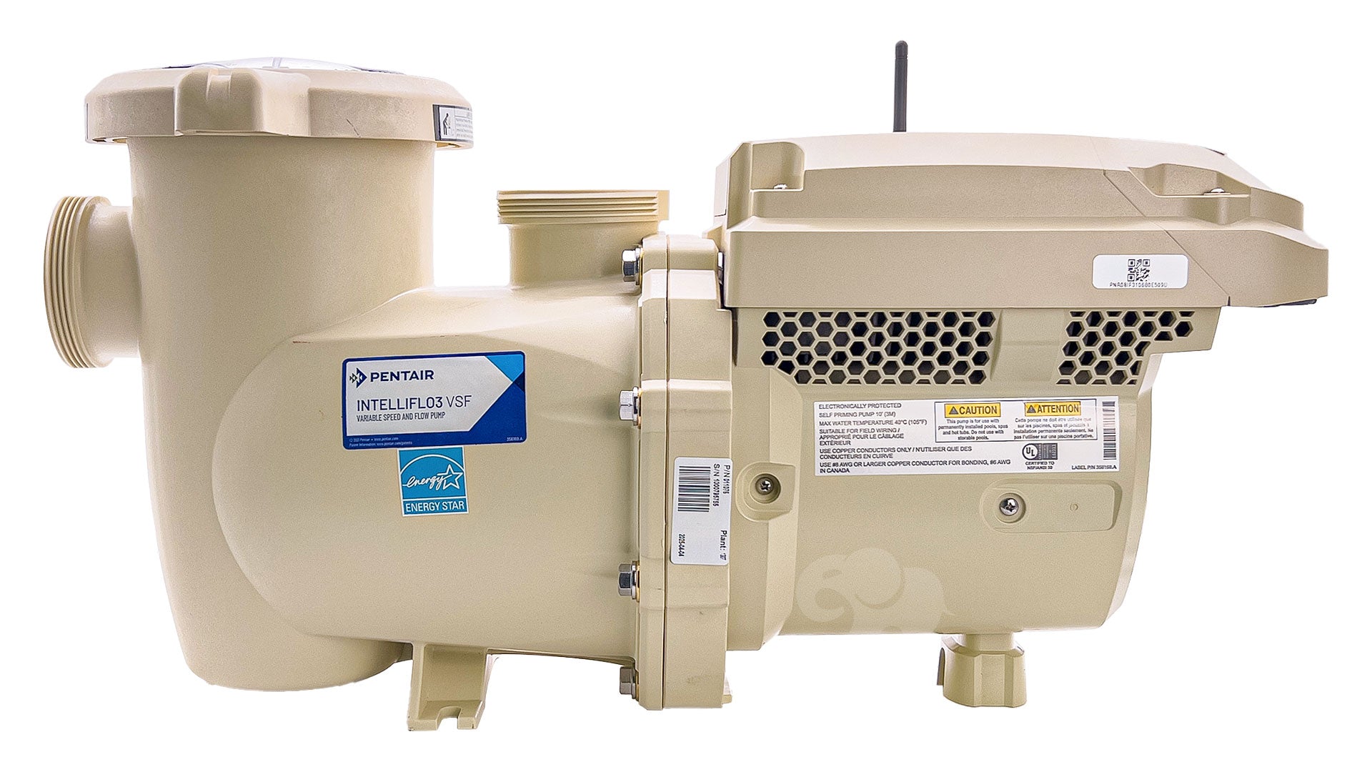 Pentair IntelliFlo3 VSF variable speed pool pump with integrated control board, beige housing, side view on white background