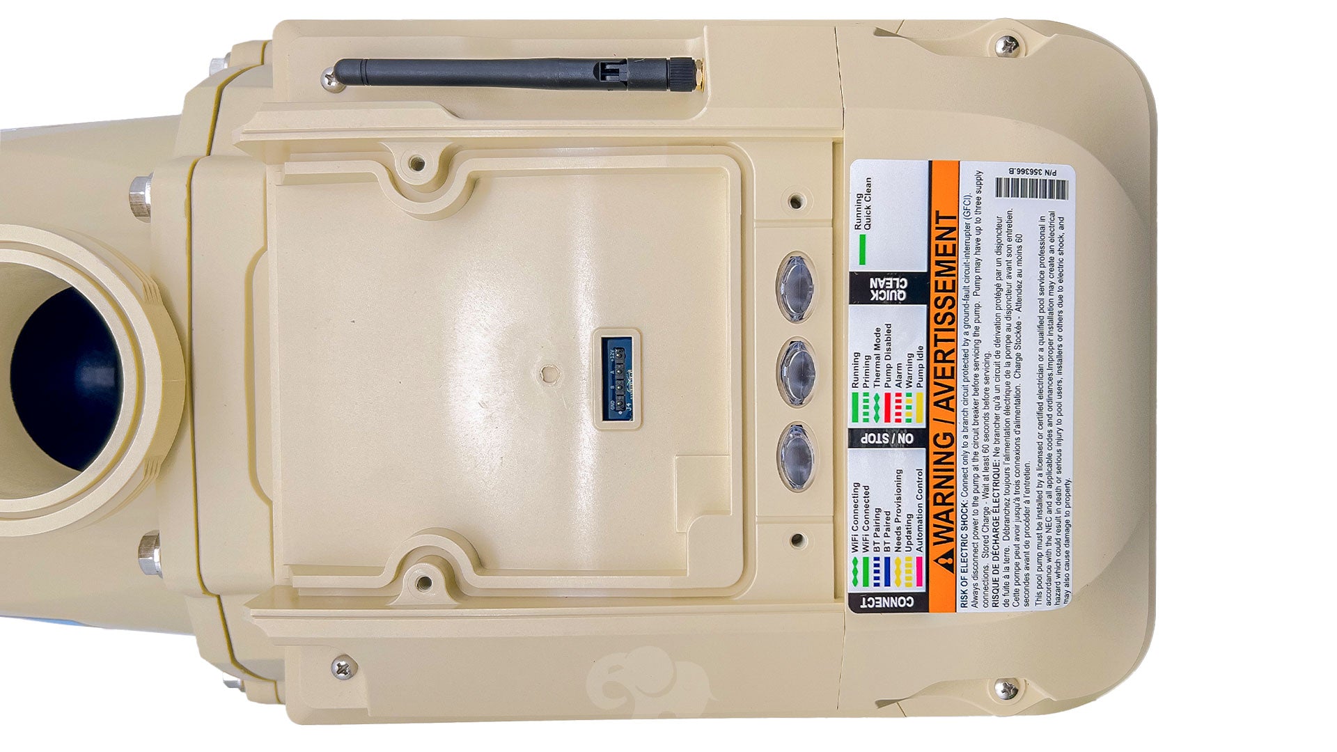 Pentair IntelliFlo3 VSF pool pump control housing with status indicator lights and warning label
