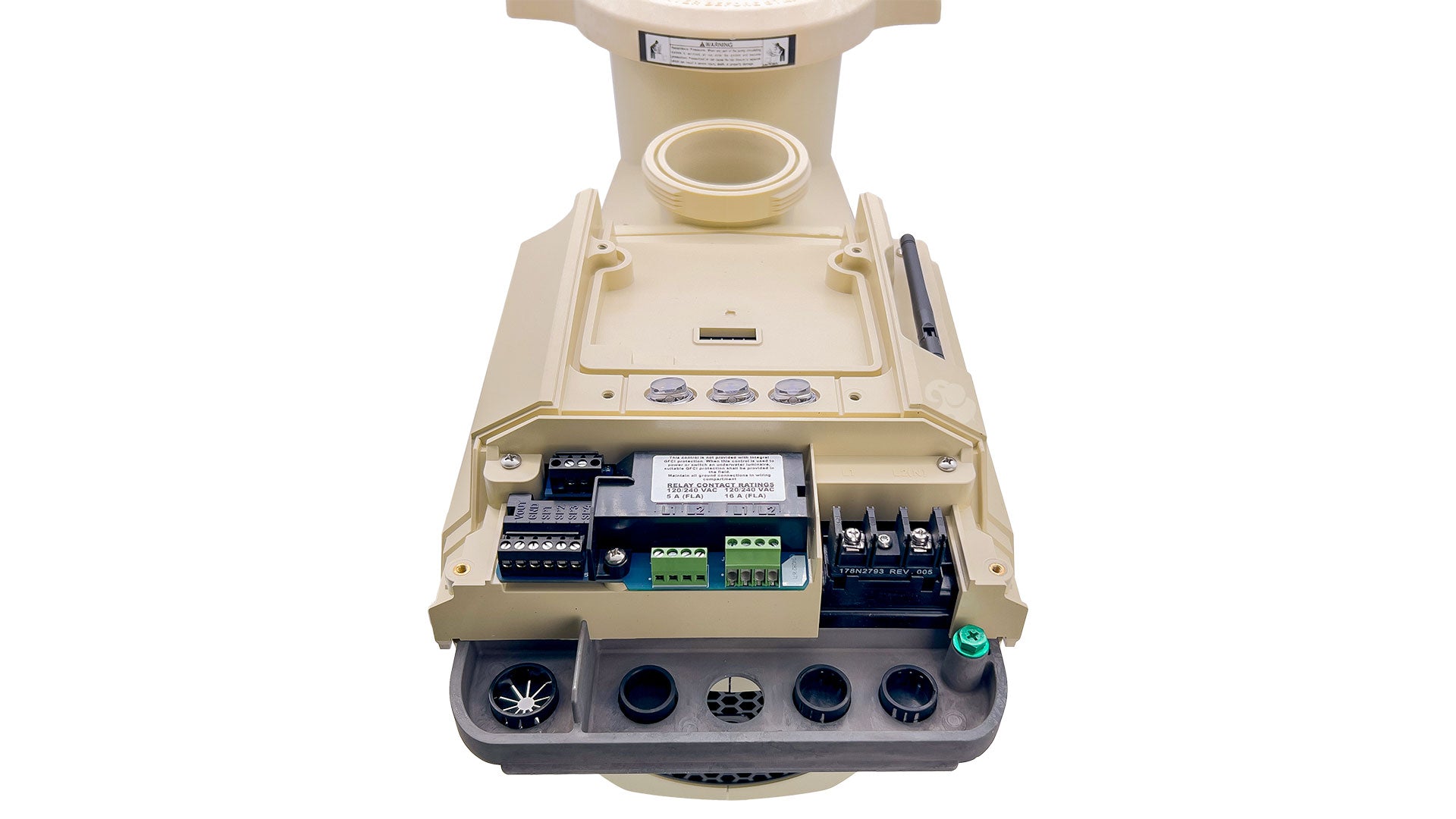 Pentair IntelliFlo3 VSF pool pump with I/O board and wiring terminals exposed on a white background