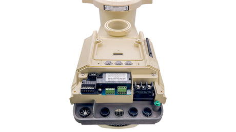 Pentair IntelliFlo3 VSF pool pump with I/O board and wiring terminals exposed on a white background