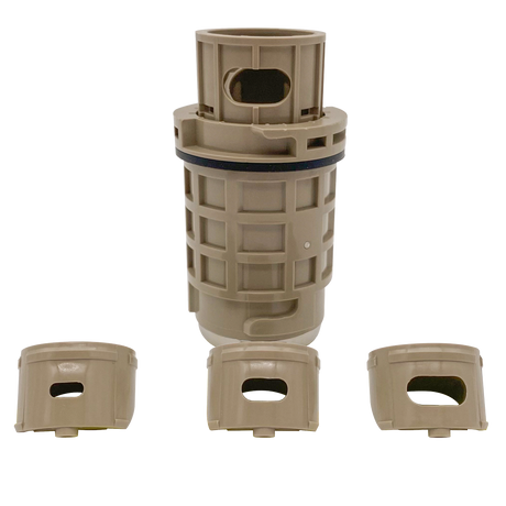 Beige Blue Square Q360 pop-up sprinkler head with nozzle openings, shown with three side views
