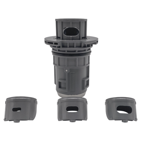Gray Blue Square Manufacturing R360-PV3 pop-up sprinkler head with three side views below