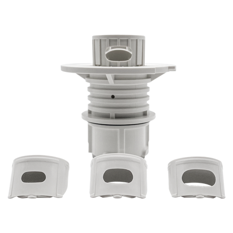 White rotating pop-up sprinkler head with three interchangeable nozzle covers