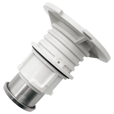 White rotating pop-up sprinkler head with stainless steel base and black O-ring gasket
