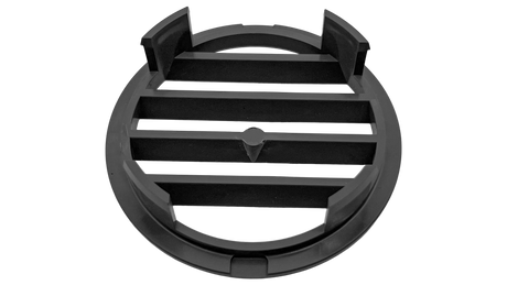 Charcoal gray round wall fitting grate with horizontal slats and raised tabs