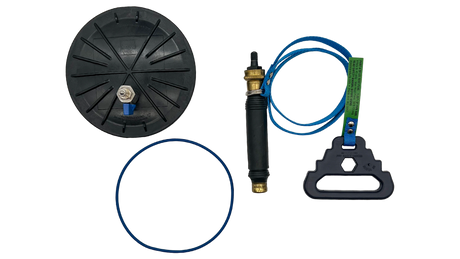 Blue Square Q360 valve winterizing kit with black cover, blow-out adapter, and blue strap loop