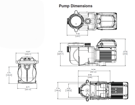 Pentair SuperFlo VST pump dimensions diagram with top, side, front, and top-view measurements