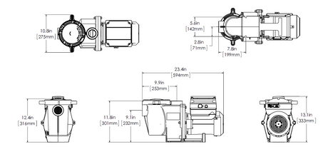 Pentair IntelliFlo variable speed pool pump dimension drawing with front, side, top, and end views