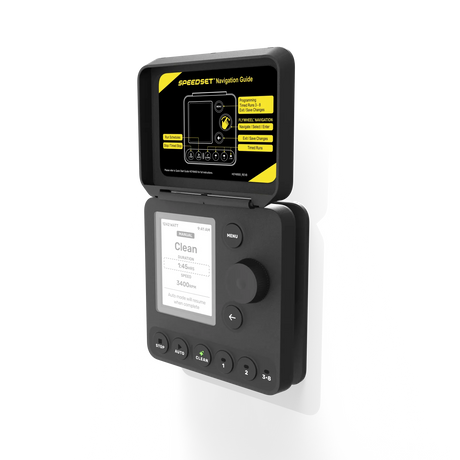 Jandy Speedset variable-speed pump controller with hinged navigation guide cover and digital display