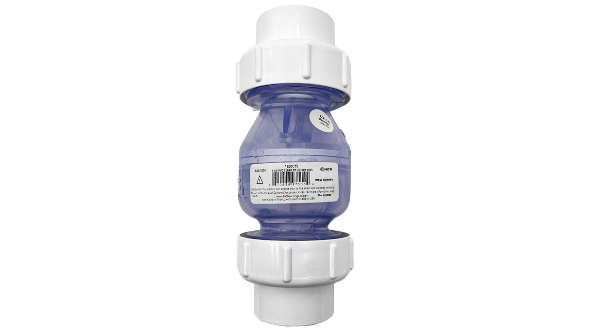 1-1/2" IPS PVC Clear True Union Spring Check Valve (Socket) | 1700C15