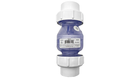 Clear 1-1/2 inch PVC true union spring check valve with white socket ends