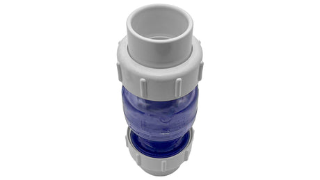 Clear PVC true union spring check valve with socket ends and blue translucent body