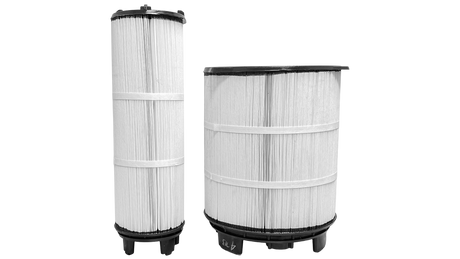 Two white pleated pool filter cartridges with black end caps, shown side by side