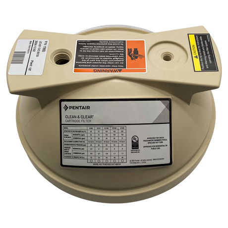 Pentair almond tank lid for Clean & Clear cartridge filter with warning and product labels