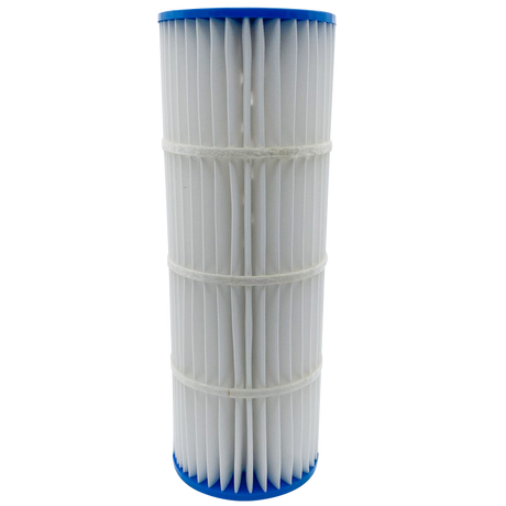 White pleated pool filter cartridge with blue end caps