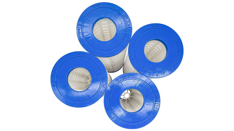 Four Pentair PCC60 pool filter cartridges with blue end caps, shown from the top on a white background