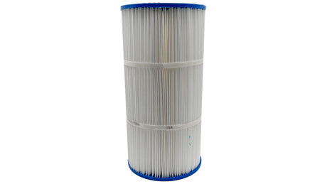 Cylindrical pleated pool filter cartridge with blue end caps on a white background