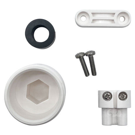 Assorted mounting hardware and white plastic spa light adapter parts for Retro Spa Light LED Plug Kit